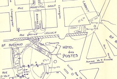  Service historique de la Dfense (Vincennes), GR 1 R 360 : plan du quartier de lhtel des postes avec emplacement des units des forces de lordre lors de la fusillade