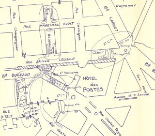  Service historique de la Dfense (Vincennes), GR 1 R 360 : plan du quartier de lhtel des postes avec emplacement des units des forces de lordre lors de la fusillade