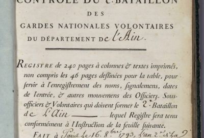 Registres des bataillons et compagnies de volontaires nationaux - Infanterie de ligne - Bataillons de volontaires nationaux des dpartements - dpartement de l'Ain - 2e bataillon - SHDGR__GR_16_YC_2__0001 - Service historique de la Dfense