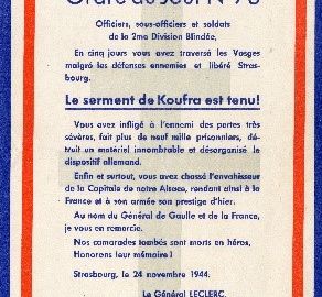 Exemplaire de lordre du jour du gnral Leclerc  la 2e DB lors de la libration de Strasbourg faisant partie des archives donnes par la famille de Claude Cheysson (DE 2023 PA 38 1). 