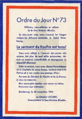 Exemplaire de lordre du jour du gnral Leclerc  la 2e DB lors de la libration de Strasbourg faisant partie des archives donnes par la famille de Claude Cheysson (DE 2023 PA 38 1). 